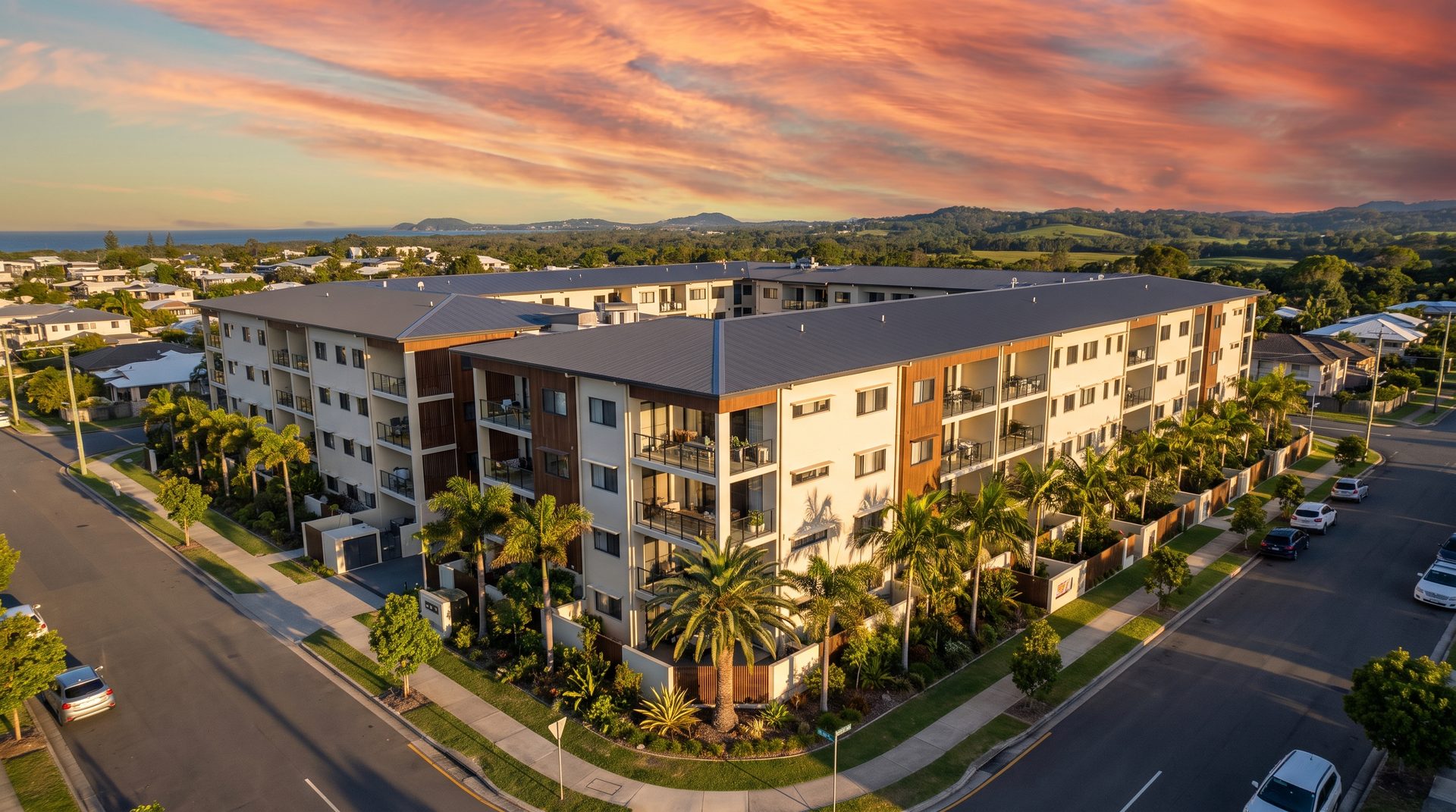 Completed Sunshine Coast development at golden hour